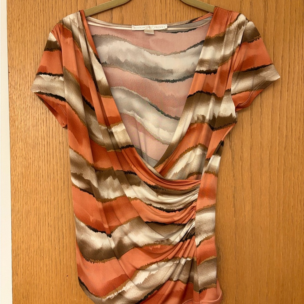 Boston Proper Silky Crisscross Top - Size S - Peach/Cocoa/Ivory - Like New